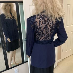 Navy Blue Blazer Sheer Back Lattice Formal M/L
